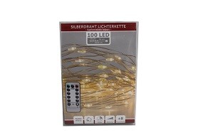 W Lichterkette Draht 100er mit Timer, 8 Funktionen mit FB, batteriebetrieben