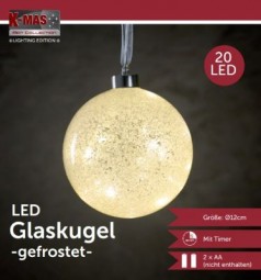 W Dekokugel aus Glas 20 LED, Ø 12 cm, gefrostet, hängend