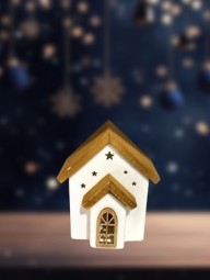 W Dekohaus aus Porzellan LED mit Holzdach, H x 10,8 cm