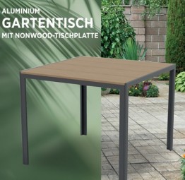 Gartentisch 90x90 cm anthrazit, Nonwood-Tischplatte teaklook